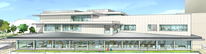 図書館・コミュニティスペース一体型施設の外観イメージイラスト図
